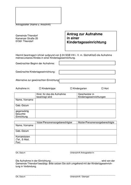 Antrag Aufnahme Kindertageseinrichtung