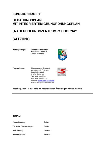 Genehmigung des Bebauungsplanes „Naherholungszentrum Zschorna“