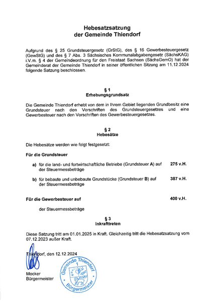 Hebesatzsatzung der Gemeinde Thiendorf