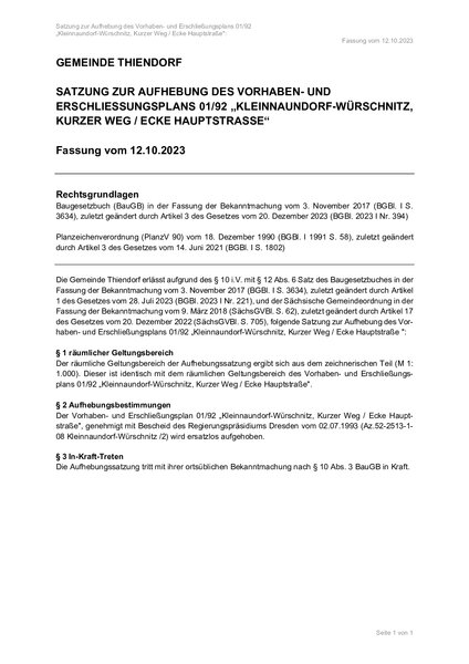 SATZUNG zur Aufhebung des Vorhaben- und Erschließungsplans 01/92 „Kleinnaundorf-Würschnitz, Kurzer Weg / Ecke Hauptstraße“