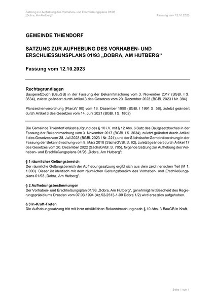 SATZUNG zur Aufhebung des Vorhaben- und Erschließungsplans 01/93 „Dobra, am Hutberg“