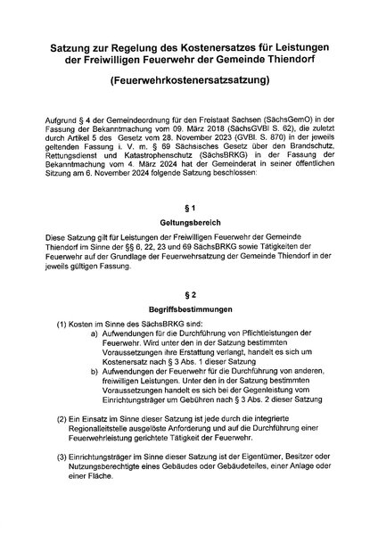 Satzung zur Regelung des Kostenersatzes für Leistungen der freiwilligen Feuerwehr
