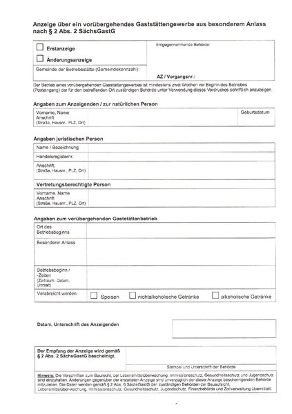 Formular zur Beantragung eines vorübergehenden Gaststättengewerbe