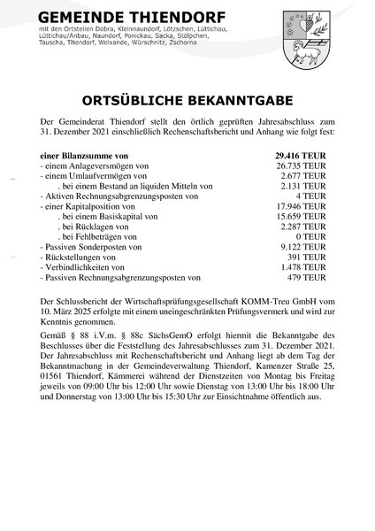 Feststellung Jahresabschluss 2021