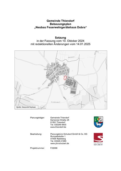 Bebauuungsplan "Neubau Feuerwehrgerätehaus Dobra" - Genehmigung